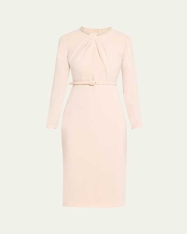 Beaded Twist Long-Sleeve Light Cady Midi Dress